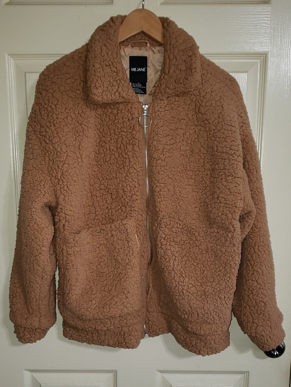 Me Jane Fleece Faux Fur Puffer Bomber Teddy Bear Sherpa Winter Jacket Tan